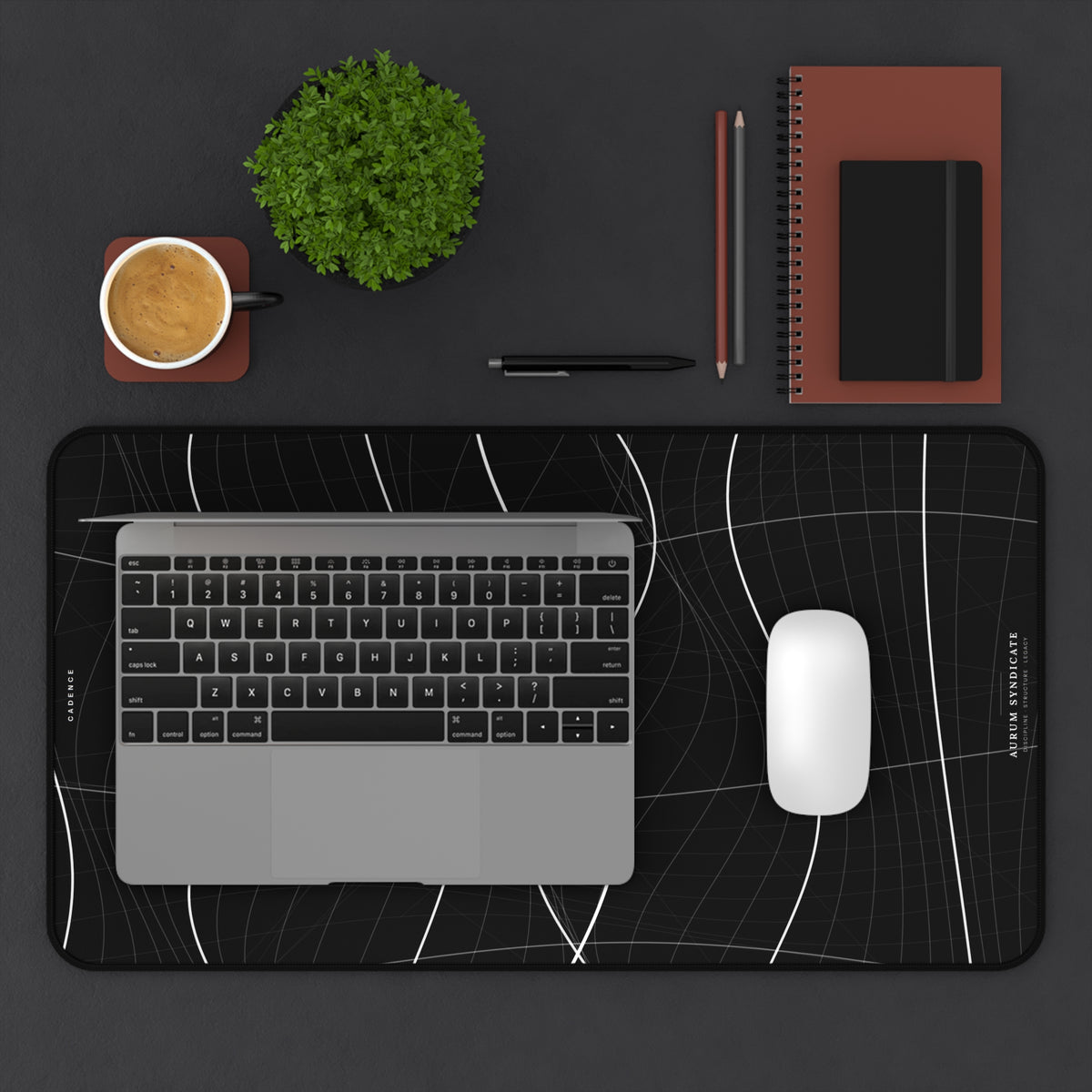 Minimal Black Desk Mat with White Wave Grid — Large Gaming/Work Mousepad