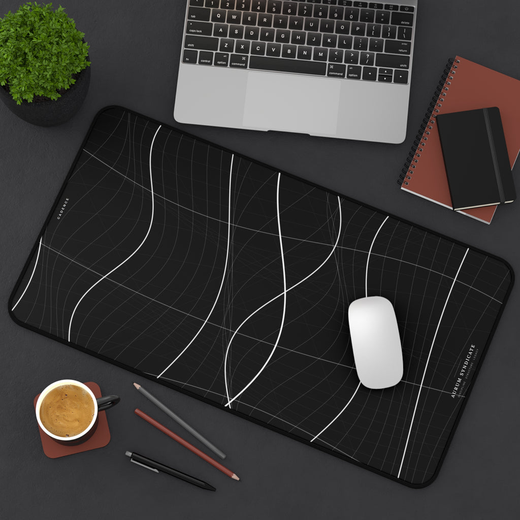 Minimal Black Desk Mat with White Wave Grid — Large Gaming/Work Mousepad